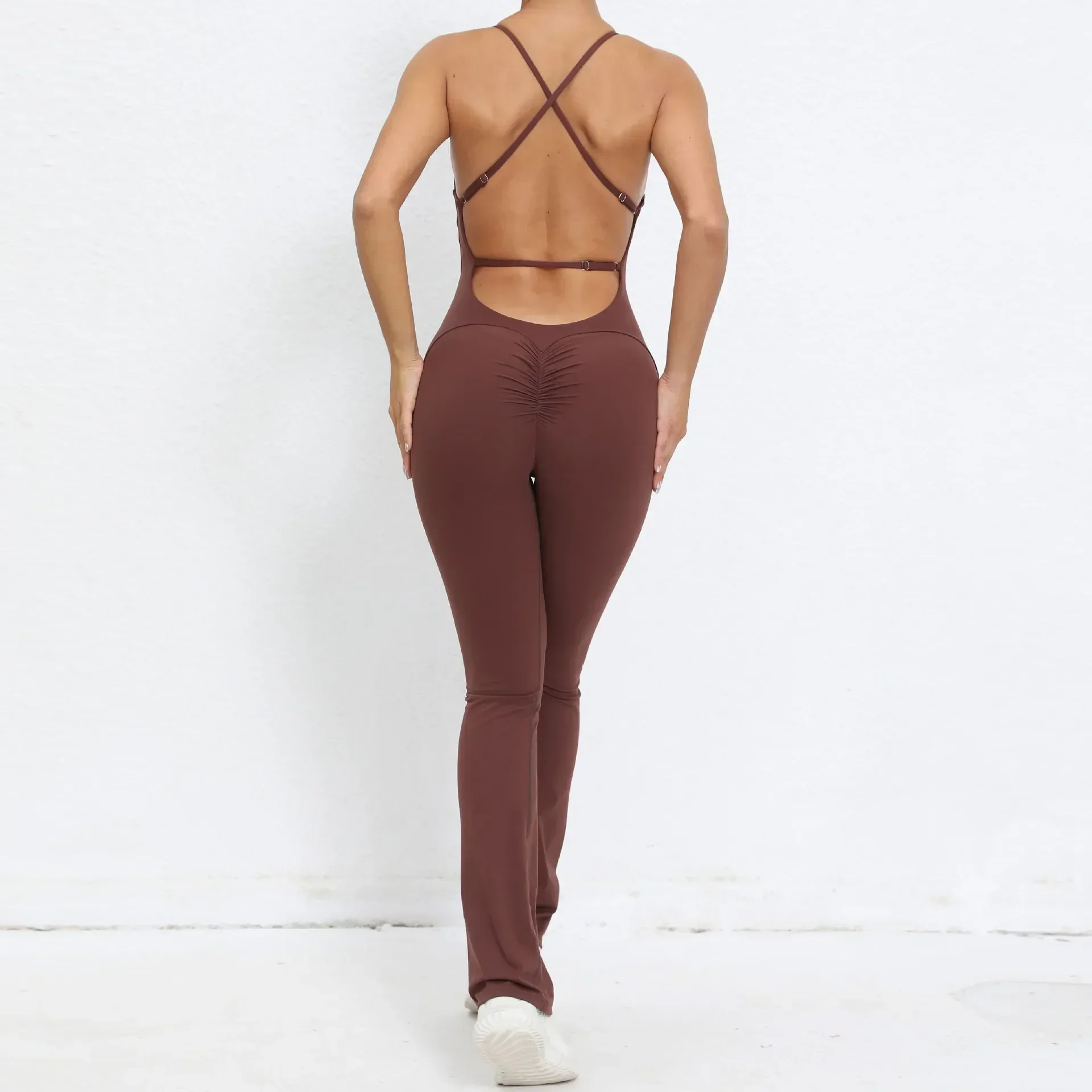 

Sexy Cross Backless Scrunch Fitness Overalls Push Up Women Sportswear One Piece Yoga Set Gym Dance Sport Wide Leg Jumpsuit Black
