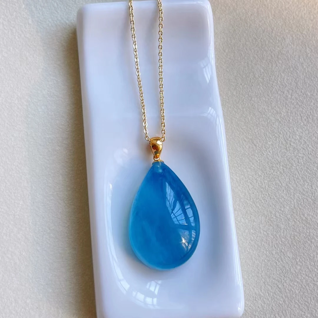 Natural Blue Aquamarine Quartz Pendant Brazil 24.5*16mm Jewelry 18K Gold Deep Blue Aquamarine Oval Necklace AAAAA