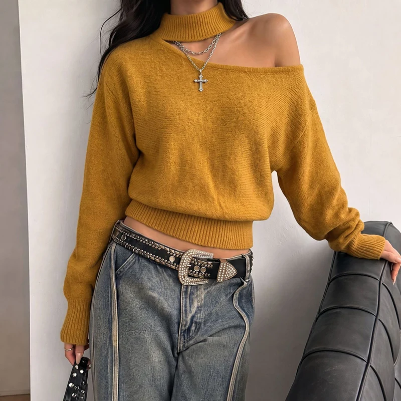 Fashion Design Off Shoulder Sweaters Women 2026 Autumn Long Sleeve Cropped Knitted Jumpers Woman Korean Half High Collar Sweater