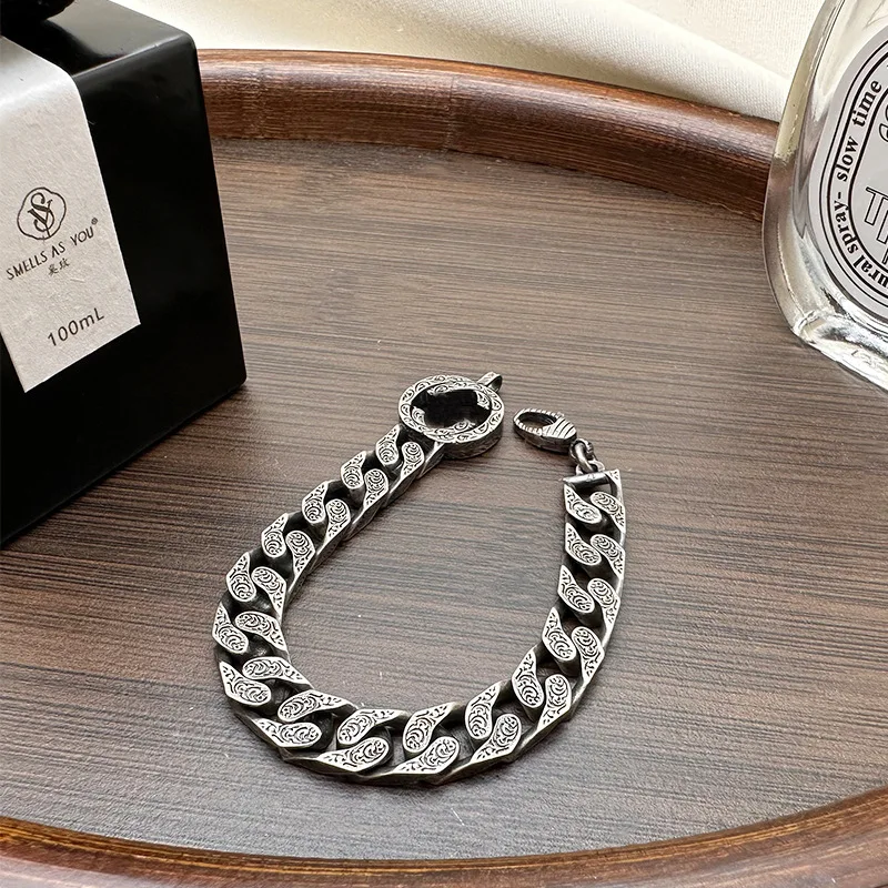 925 Silver Vintage Vintage Vintage Double G Interlocking Pattern Carved Vine Pattern Cuban Bracelet with High-end Design Sense