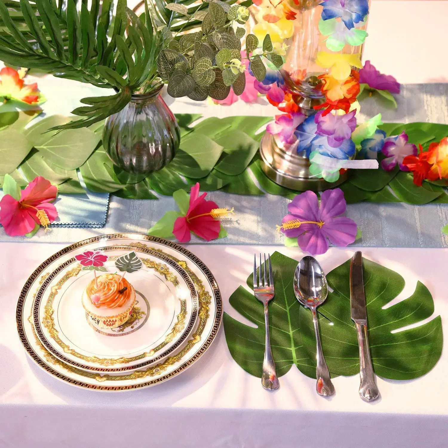 Yannew Künstliche Monstera Tropische große Palmblätter für Dschungel-Safari-Geburtstagsparty-Dekoration Hawaii Luau Mottoparty-Pflanzen – Detail 8