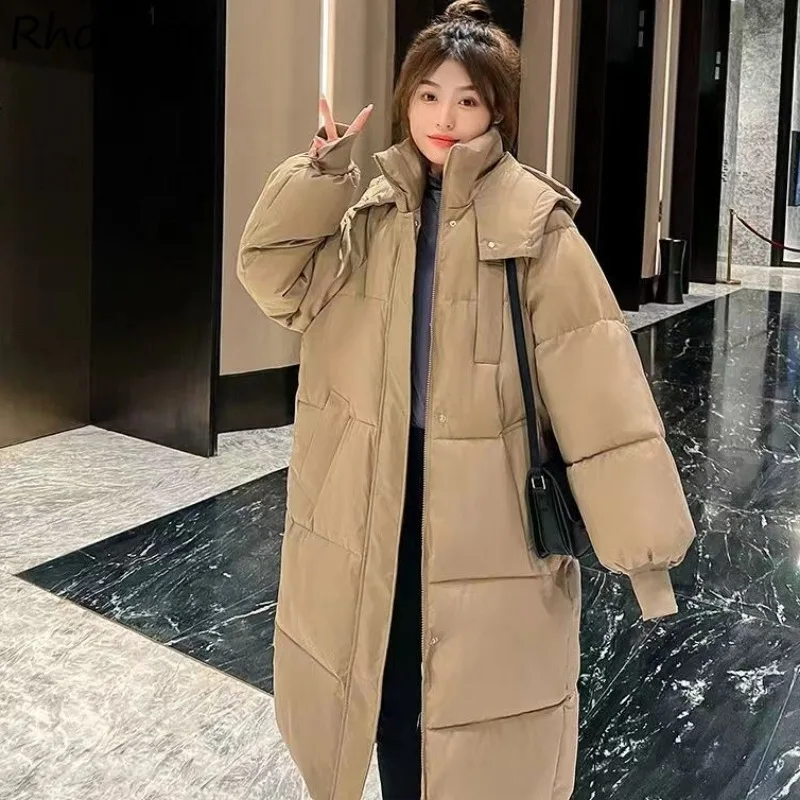 Parkas Women Hooded Casual Plus Velvet Solid Long Coats Tops Korean Version Pockets Zippers Baggy All-match Fashion Streetwear