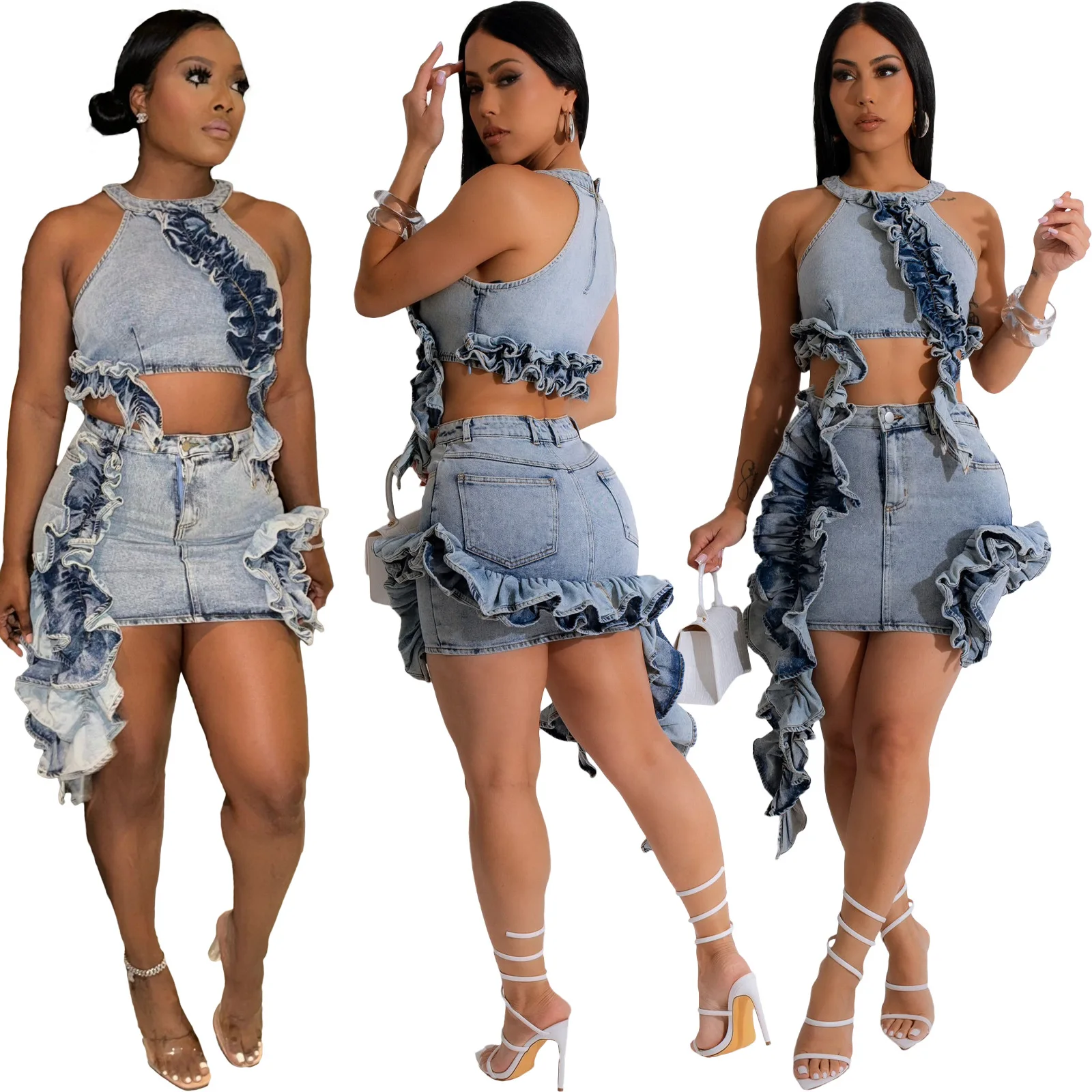 Fashion Ruffles Denim Two Pieces Set for Women 2024 Summer Halter Sleeveless Tanks Crop Tops Elastic Hip Wrapped Mini Skirt