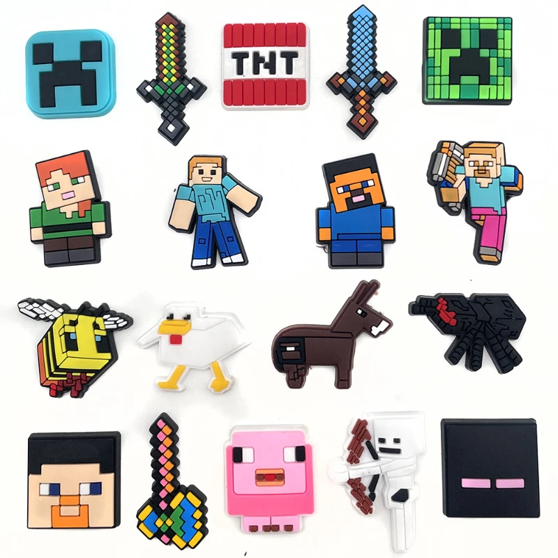 New Funny 15Pc  Pixel Theme Game Cartoon Shoes Charms For Crocs Diy Pvc Shoe Decoration Jibbitz Removable Easter Party Gifts