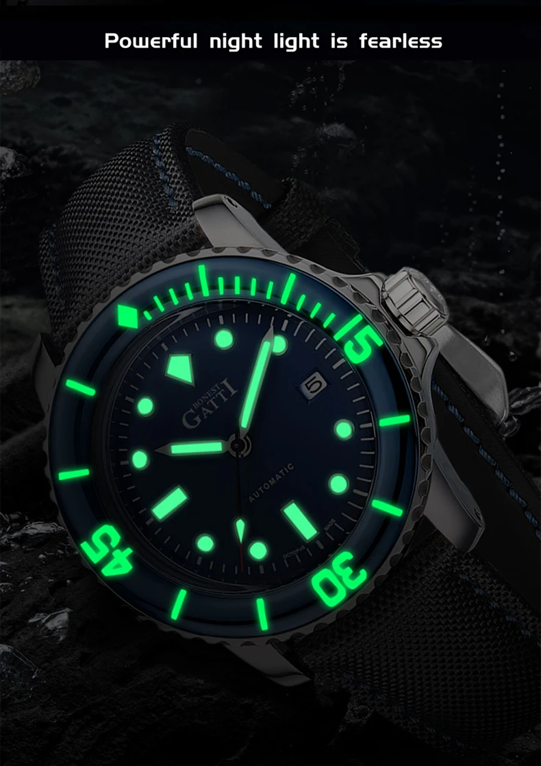 BONEST GATTI ساعة أوتوماتيكية للرجال 44 مللي متر ساعة يد ميكانيكية غواص 20Bar مقاوم للماء الياقوت دوران الياقوت الحافة مضيئة #6