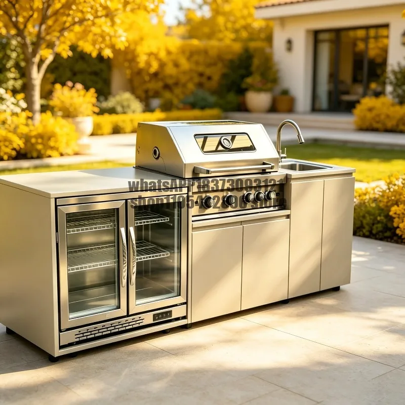 Modern Modular Practical 304 Stainless Steel Outdoor Kitchen Sets With Grill Cooktop Sink Fridge LED For Backyard Patio Garden