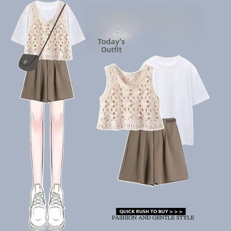 

Ele Hollow out ort Sve ort Pants Set Summer Casual Wear Beautiful Faionable Korean Sle Small Stature Clothing