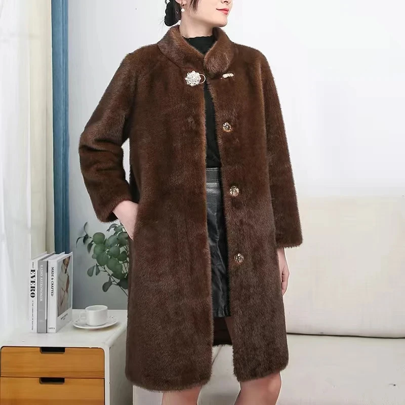 2025 جديد إمرأة دافئ رشاقته معطف فرو المنك ملابس الأم وهمية الفراء سترة الشتاء معطف الفرو سميكة منتصف طول فضفاض المعتاد معطف الفرو