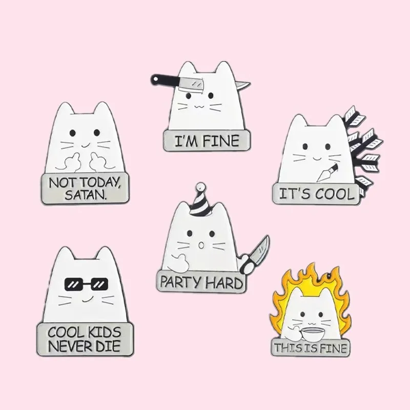 I'M FINE Enamel Pins Custom COOL KIDS NEVER DIE NOT TODAY SATAN Cat Lapel Brooches Fun Cartoon Jewelry Gift For Friend Wholesale