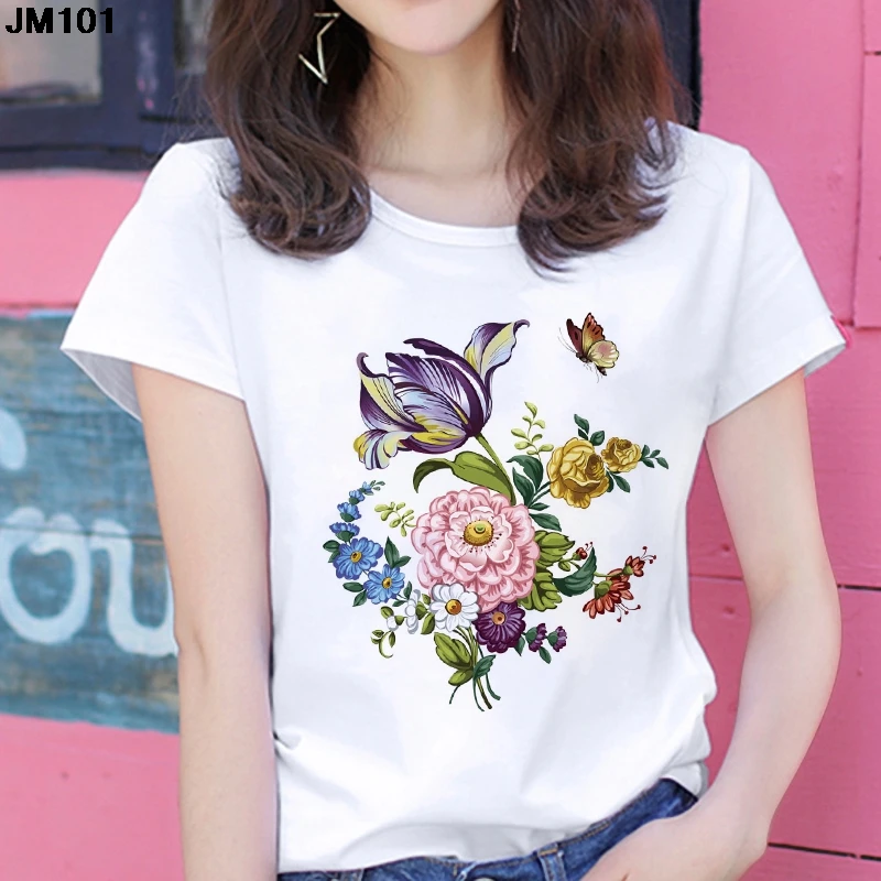 

Harajuku Women's T-shirt Short Sleeve Fashion Streetwear Flowers Printed Female Clothing Tshirt Casual White Top Woman's T Shirt