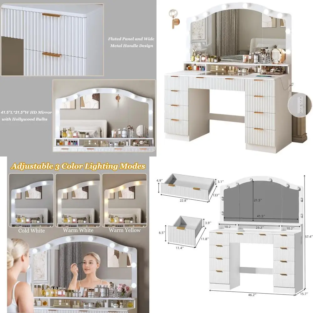 46 Large Fluted Makeup Vanity Desk with Glass Top, 9 Drawers, Adjustable 3-Color LED Lights, White