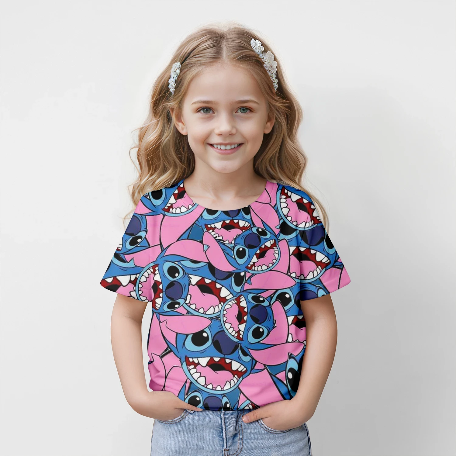 Desenhos animados Lilo e Stitch Tops infantis, camiseta infantil com impressão 3D, roupas casuais de manga curta, streetwear esportivo feminino, camisetas para o verão