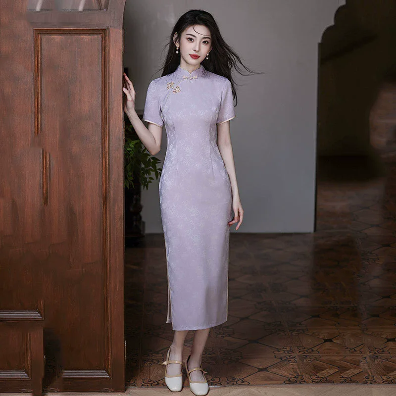 

Фиолетовый Cheongsam 2025, новое издание, улучшенное жаккардовое розовое платье для молодых девушек, повседневное новое китайское Ципао на весну/лето