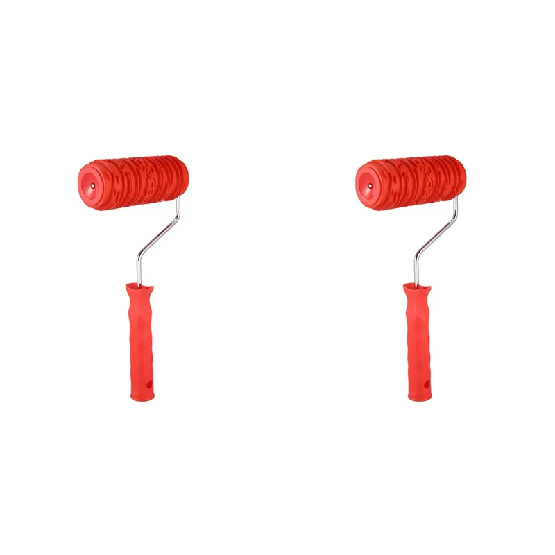 Promotion! 2Pcs 6 Inch Painting Roller With Handle Rubber Wood Pattern Graining Knurling Tool For Wall Decoration Red