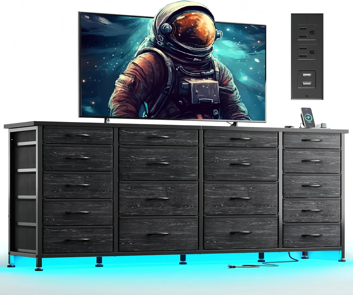

63"W TV Stand for Bedroom with LED Light & Power Outlets, Long Black Dresser for Bedroom with 18 Deep Drawers for 65 70 75 inch