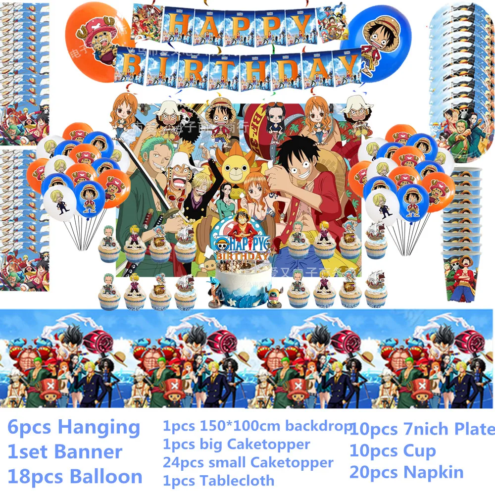 

ONE PIECE Party Decoration Supplies Boy Happy Birthday Party Cake Topper Luffy Tableware Set Kids Party Banner Balloons Decor