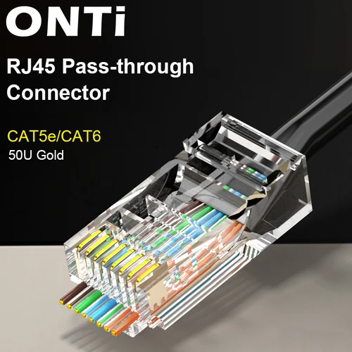 ONTi 10/50 Uds CAT6 CAT5E paso a través de conectores de red de enchufe Modular RJ45 UTP 50μ extremo de engarzado 8P8C chapado en oro para Cable Ethernet