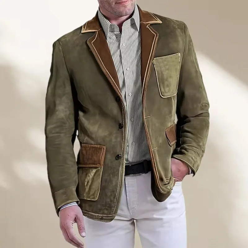 Multi-pocket 3D Fleece Retro Style Men's Suit Jacket Casual Business Denim Suit/Formal Wear 3D Suede Outerwear