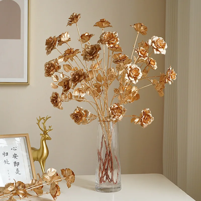 Golden Series Palm Ginkgo Eucalyptus Leaf Artificial Rose Hydrangea Wedding Flower Arrangement Accessories Home Christmas Decor