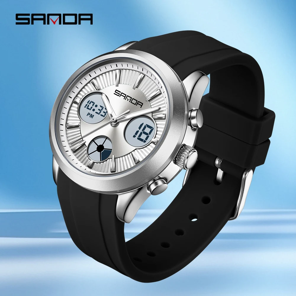 SANDA 9105 ساعة إلكترونية للطلاب، متعددة الوظائف، عرض مزدوج، ساعة رياضية بإضاءة ليلية، ساعة إلكترونية للطلاب