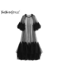 TWOTWINSTYLE Solid Spliced Mesh Chic Dress For Women Round Neck Short Sleeve Loose Minimalist Long Dresses Female Fashion Style