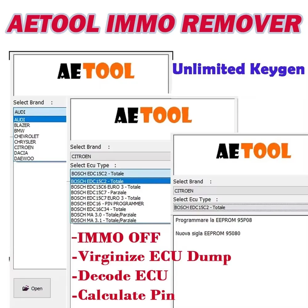 Logiciel Immo Meucci V3.1 + AETOOL IMMO REMOVER V1.3 SoftWare Reset sblocco rimuovi spegnimento codice Immo ECU Dump calcola PIN