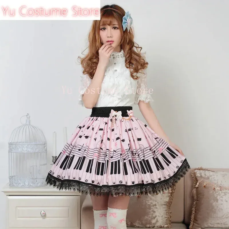 CyKawaii dulce niña rosa poliéster encaje Piano Keybord impreso falda Lolita falda rosa disfraz Yu