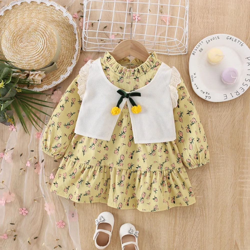 Spring and Autumn Girls\' Dress Baby Girl Full of Floral Vest Bow Decoration Long Sleeve Dress Fake Two Pieces