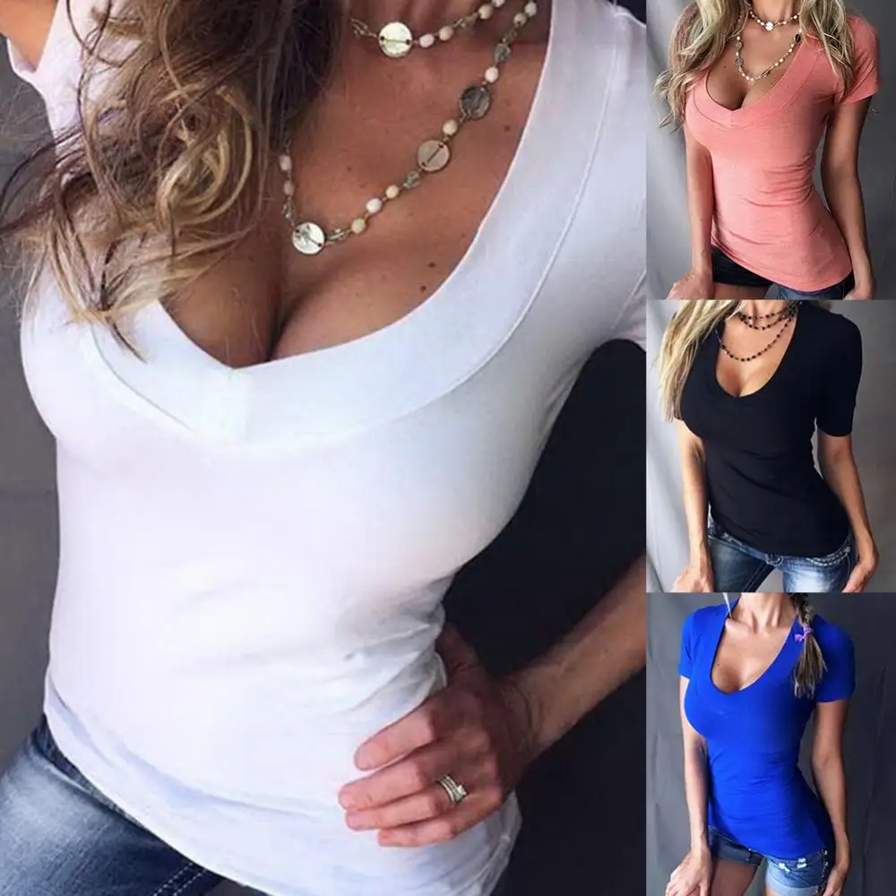 Top Summer Women Solid Color Plus Size Slim T-Shirt tshirt Deep V футболки женские летние футболка 2020 женская