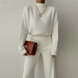 Kobiety Casual Long Sleeve Homewear 2Pc Set Elegant Knitted Solid Outfits Fashion Half High Neck Pullover Sweater & Long Pant Suit