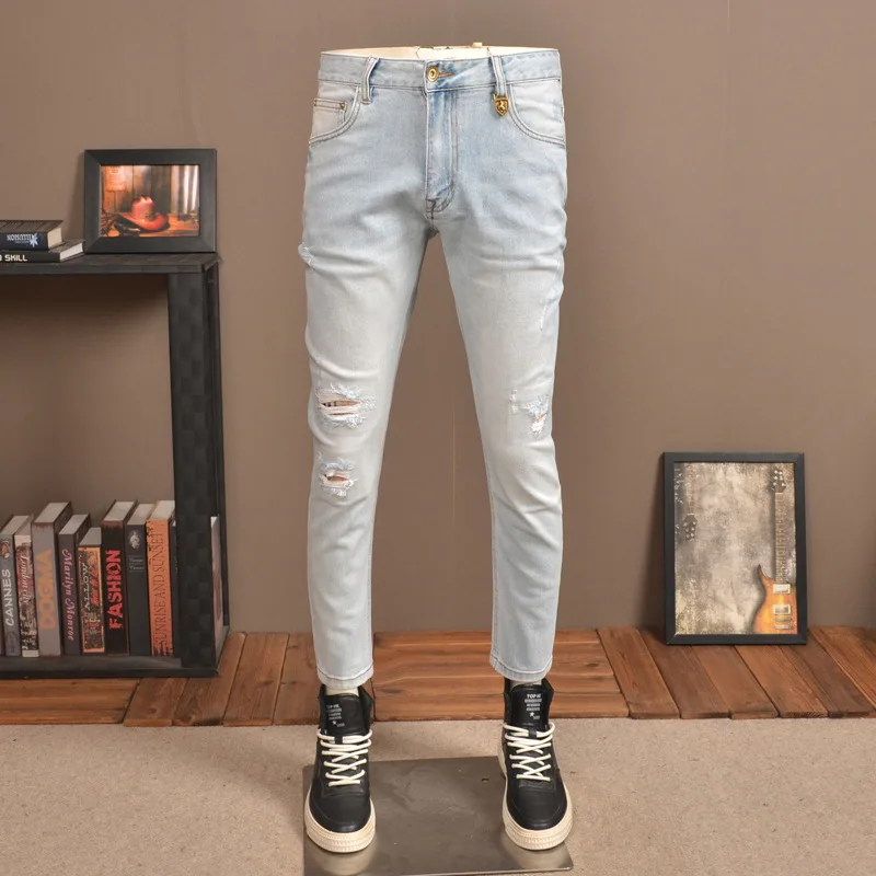 Retro Light Color Hole Jeans Men's Thin Summer Trendy Stretch Slim Fit Skinny High-End Casual Patch Men's Pants