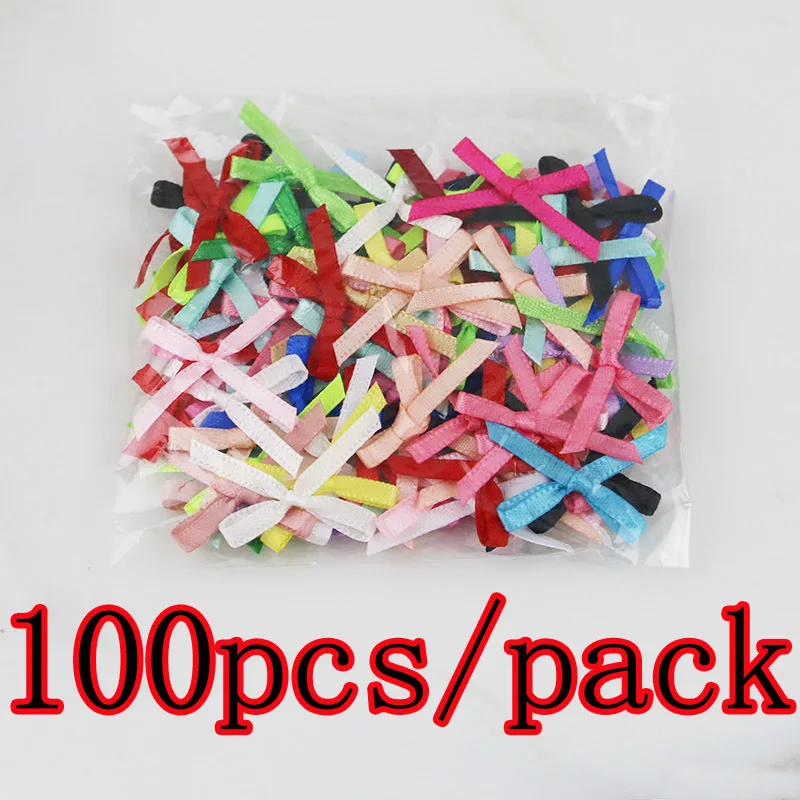 (100pcs/pack) 3x3cm Mini Ribbon Bows Multi-colored Small Size Polyester Satin Ribbons Bow Flower Handwork Craft Decoration DIY