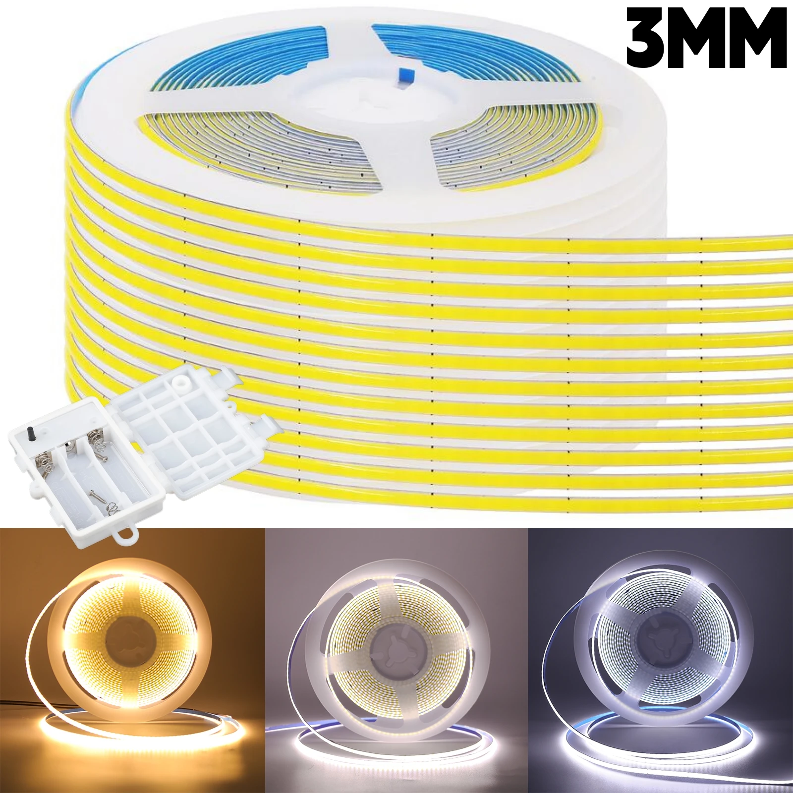 

5V 3mm COB LED Strip 3AA Battery Powered 320LEDs/m Adhesive Tape Soft Light Bar Blue/Green/Red/Ice Blue/Pink/Yellow White Decor