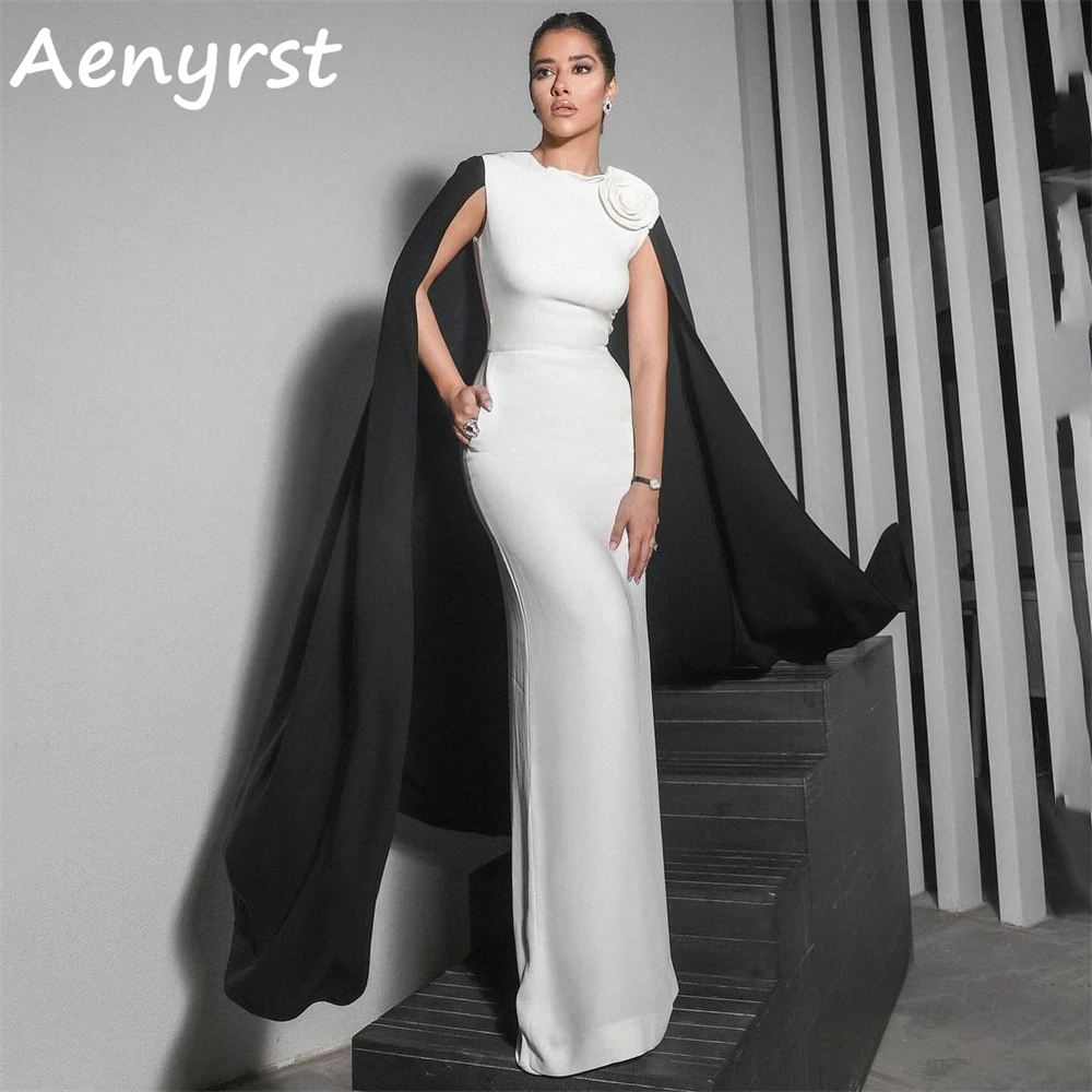 Aenryst Elegant O-Neck 3D Flower Evening Dresses Mermaid Satin Bodycon With Cape Prom Dress Floor Length Formal Occasion Gowns