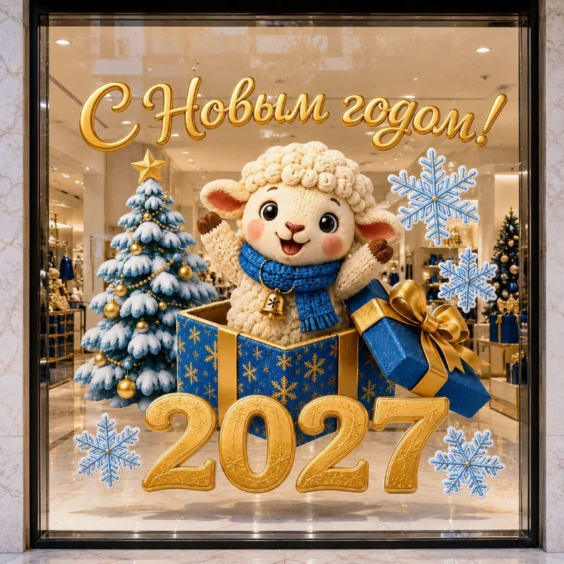 2027 Happy New Year Window Sticker Knitted Sheep Design Both Sides Same Color for New Year Gift Home Decoration