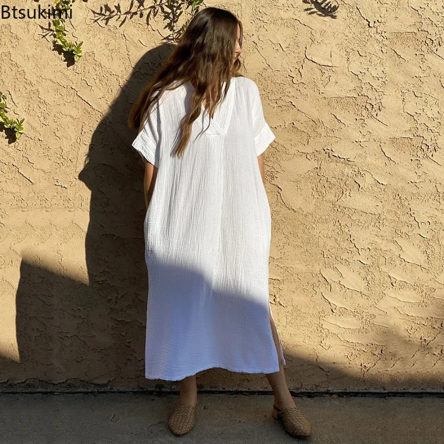 New Summer Beach Cover Up per costumi da bagno Solid Kaftans Scollo a V Rughe Rayon Bohemian Maxi Abiti Costumi da bagno Costumi da bagno 2024