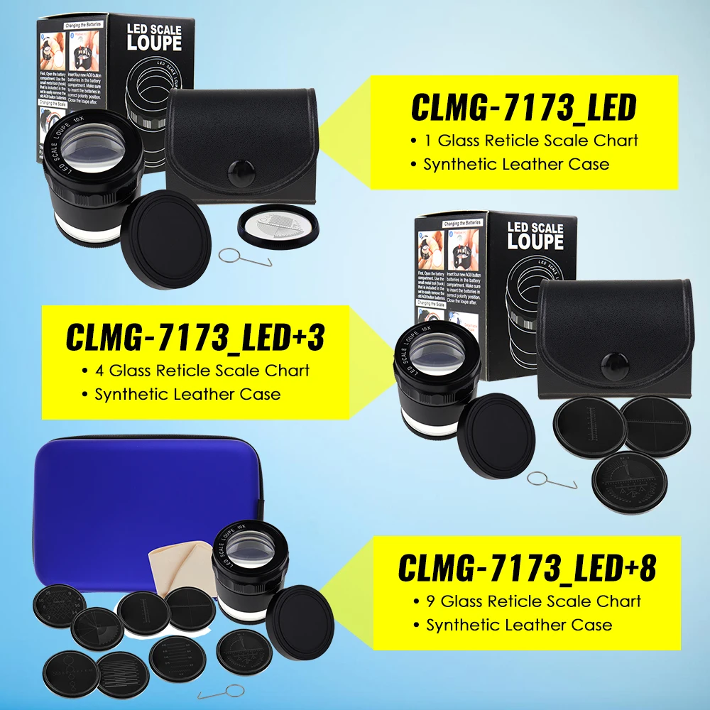 8 LED Illuminated Scale Loupe Set, 10X Optical Glass Magnifier with Interchangeable Reticle Charts 25mm Precision Measurement