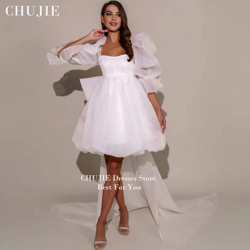 

Customized White Short Wedding Dresses Dubai Organza Prom Dress With Bow Full Puffy Sleeves Evening Gowns Moroccan Party Dress