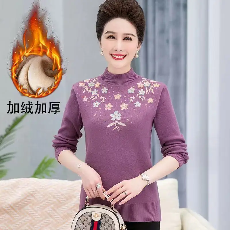 Mature Women Fleece Lined Knit Sweater Half Turtleneck Floral Jacquard Warm Pullover For Mom