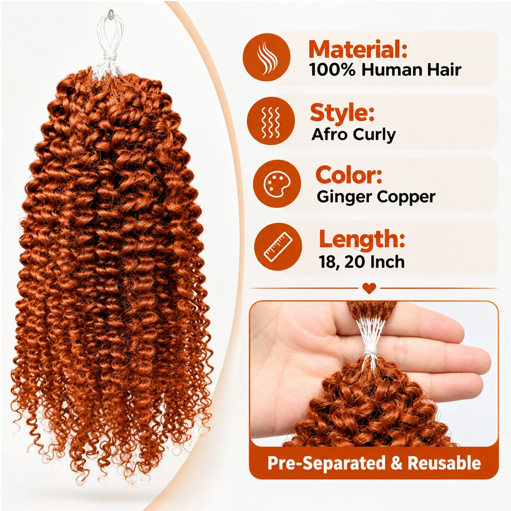 Ginger Copper Afro Curly Crochet Hair Human Hair Extensions Miracle Knots Feather Pre Separated Knotless Braids For Black Women view 2