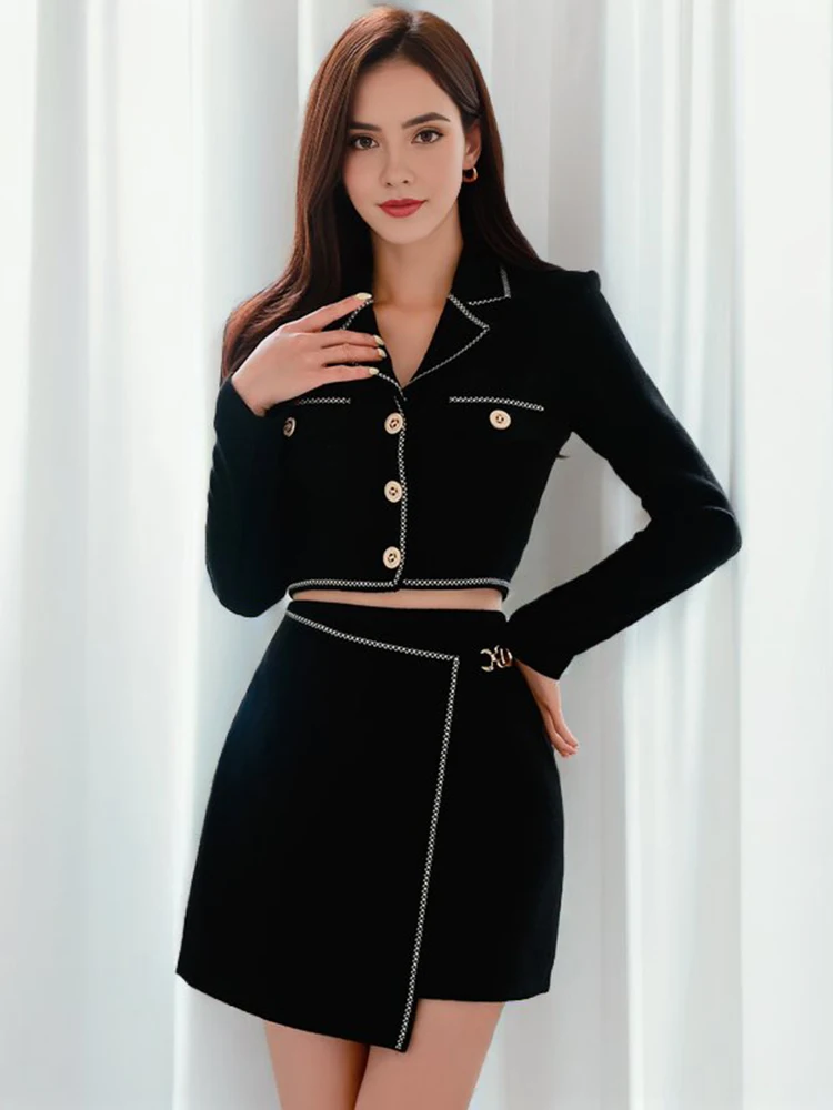 New 2024 Spring 2 Piece Sets Women Outfit Korean Fashion Black Color Office Lady Work Wear Skirt Sets Crop Tops And Mini Skirt