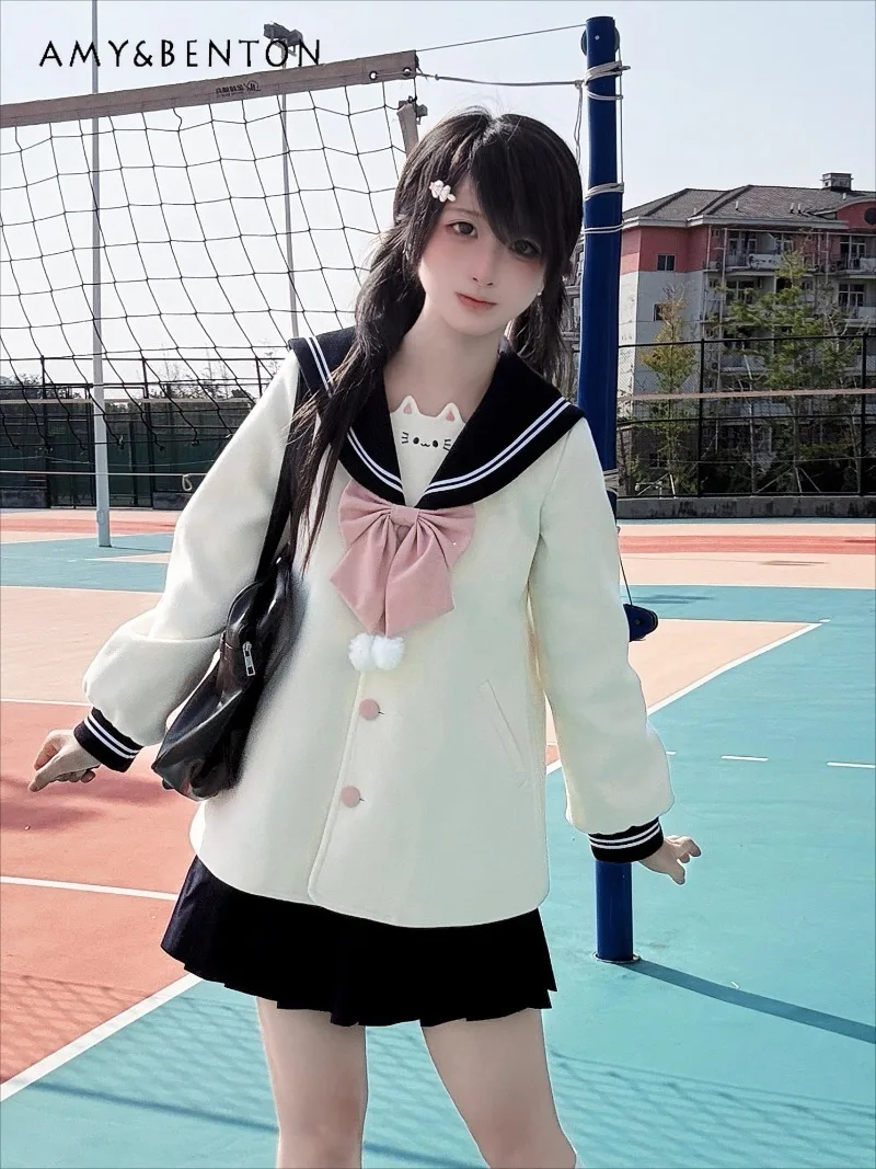 

Униформа JK в студенческом стиле, пальто японского милого банта с мультяшной вышивкой, темно-синее однобортное шерстяное пальто средней длины с воротником и длинными рукавами