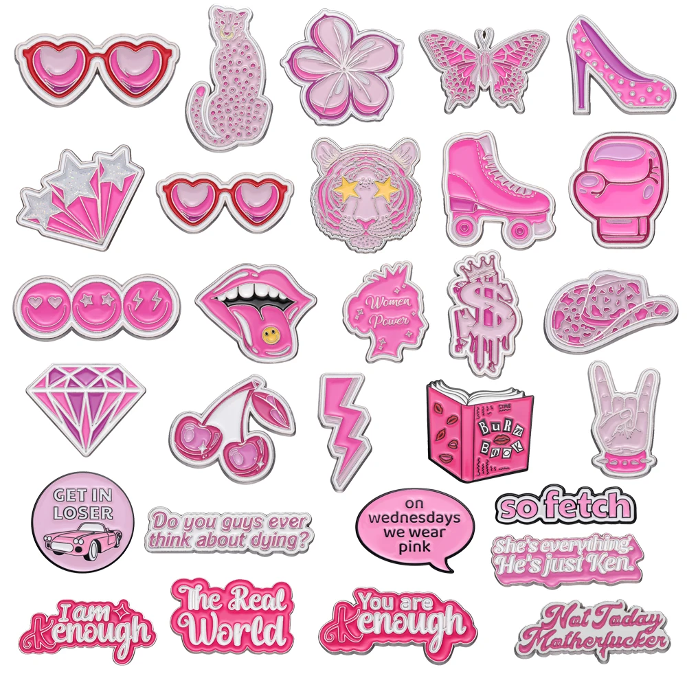 Pink Series Metal Brooch Leopard Butterfly Boxing Gloves Roller Skate Tongue Cherry Book I Am Enough Girl Badge Punk Pin Jewelry