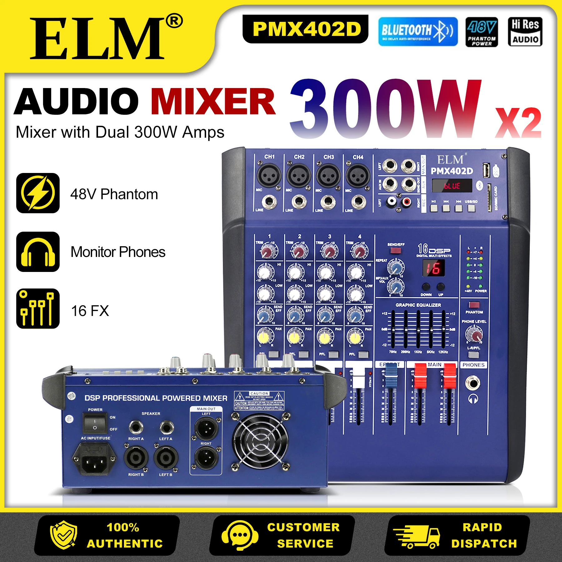 PMX 4/6/8/10/12-Kanal Powermixer 2x300W Bluetooth 16 DSP-Effekte 48V Phantomspeisung 2-Band EQ Live-Streaming Karaoke Kirche