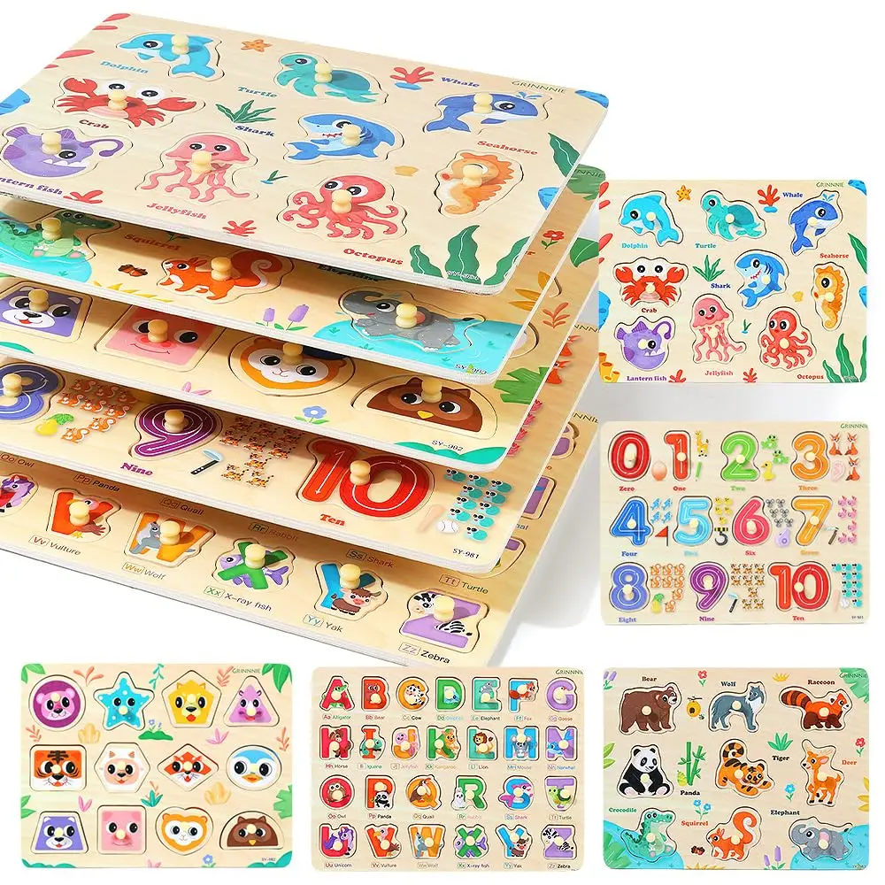 Baby Toys Montessori Wooden Peg Puzzles Hand Grab Boards Toys Tangram Jigsaw Cartoon Animals Fruits 3D Puzzles Educational Toys