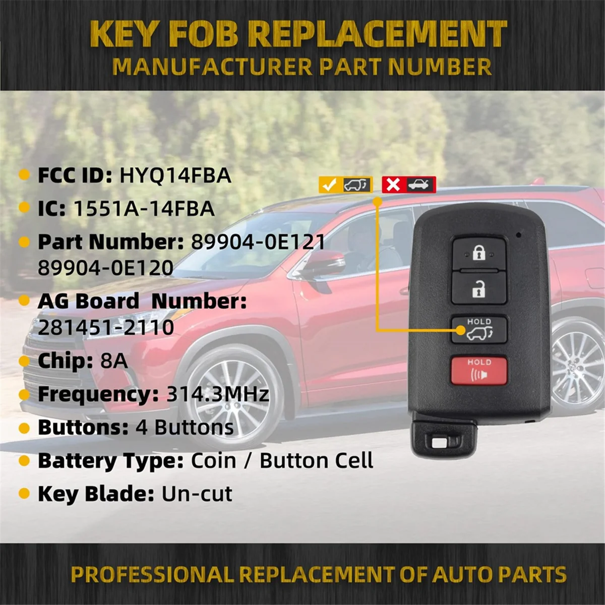 Pengganti Fob kunci untuk 2014-2019 Remote Control masuk tanpa kunci HYQ14FBA 4 4