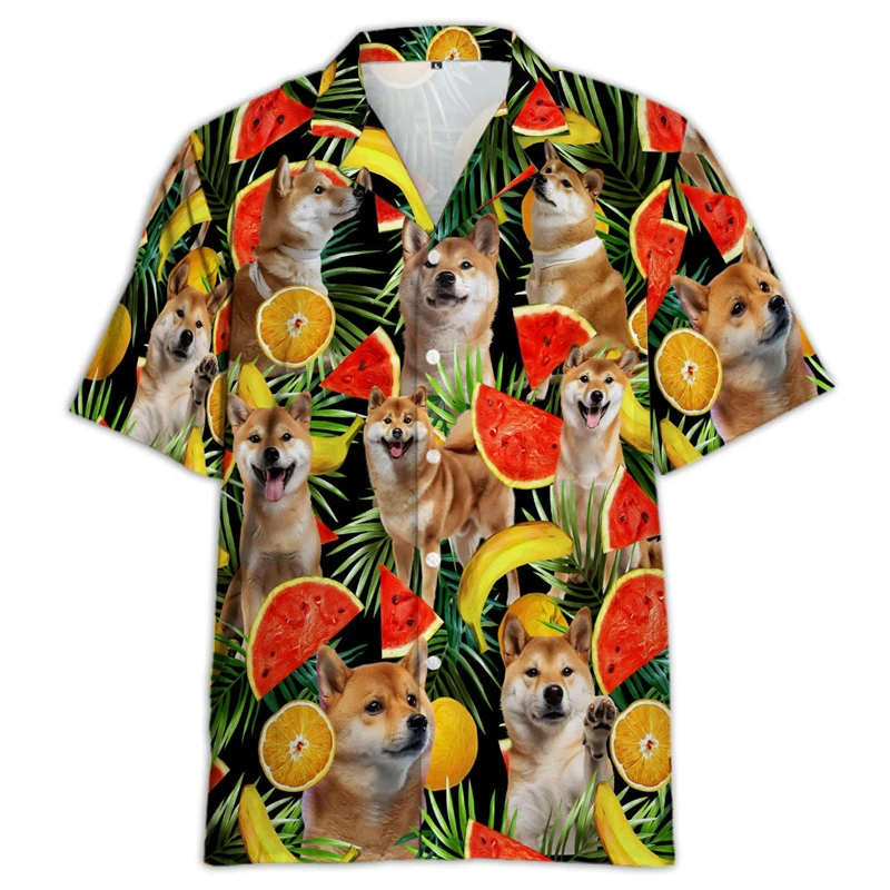 3D Print Cute Dog Graphic Beach Shirts Shiba Inu Hawaiian Shirt For Men Short Sleeve Large Size Button Up Vacation Tee Shirt