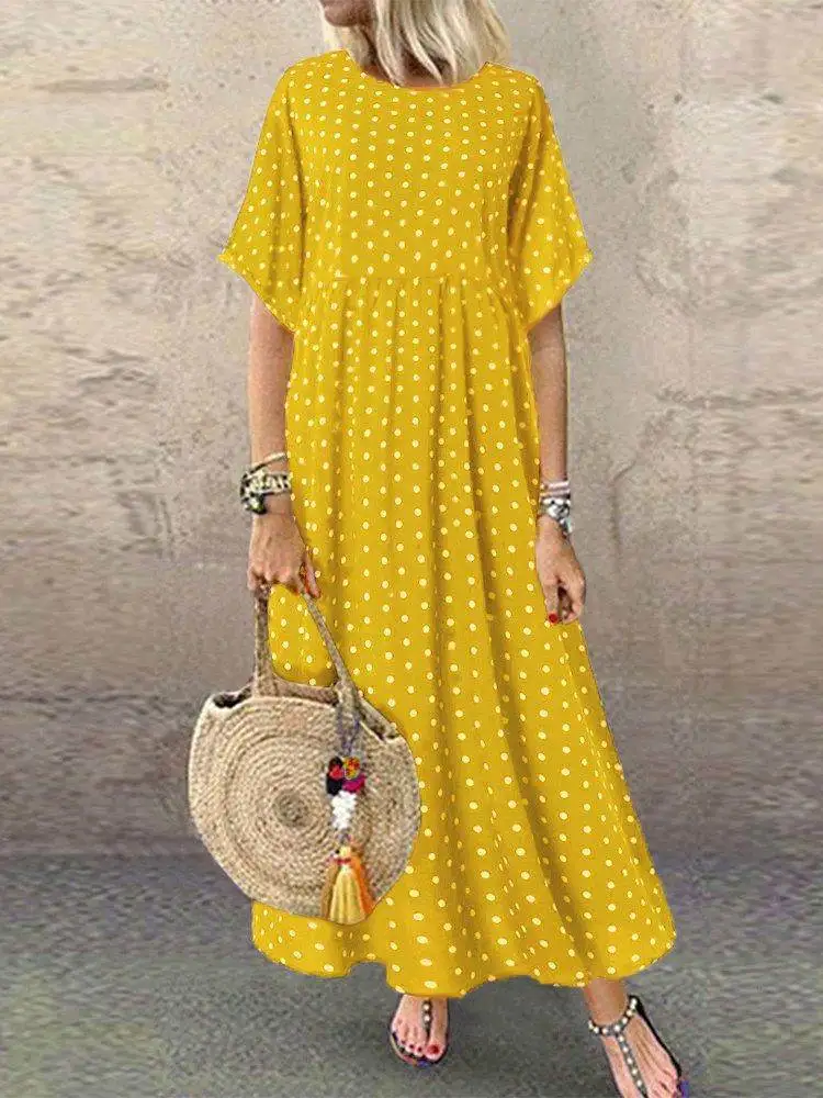 

Летнее модное женское платье больших размеров в горошек с длинным рукавом, повседневное, с завышенной талией, в стиле принцесса