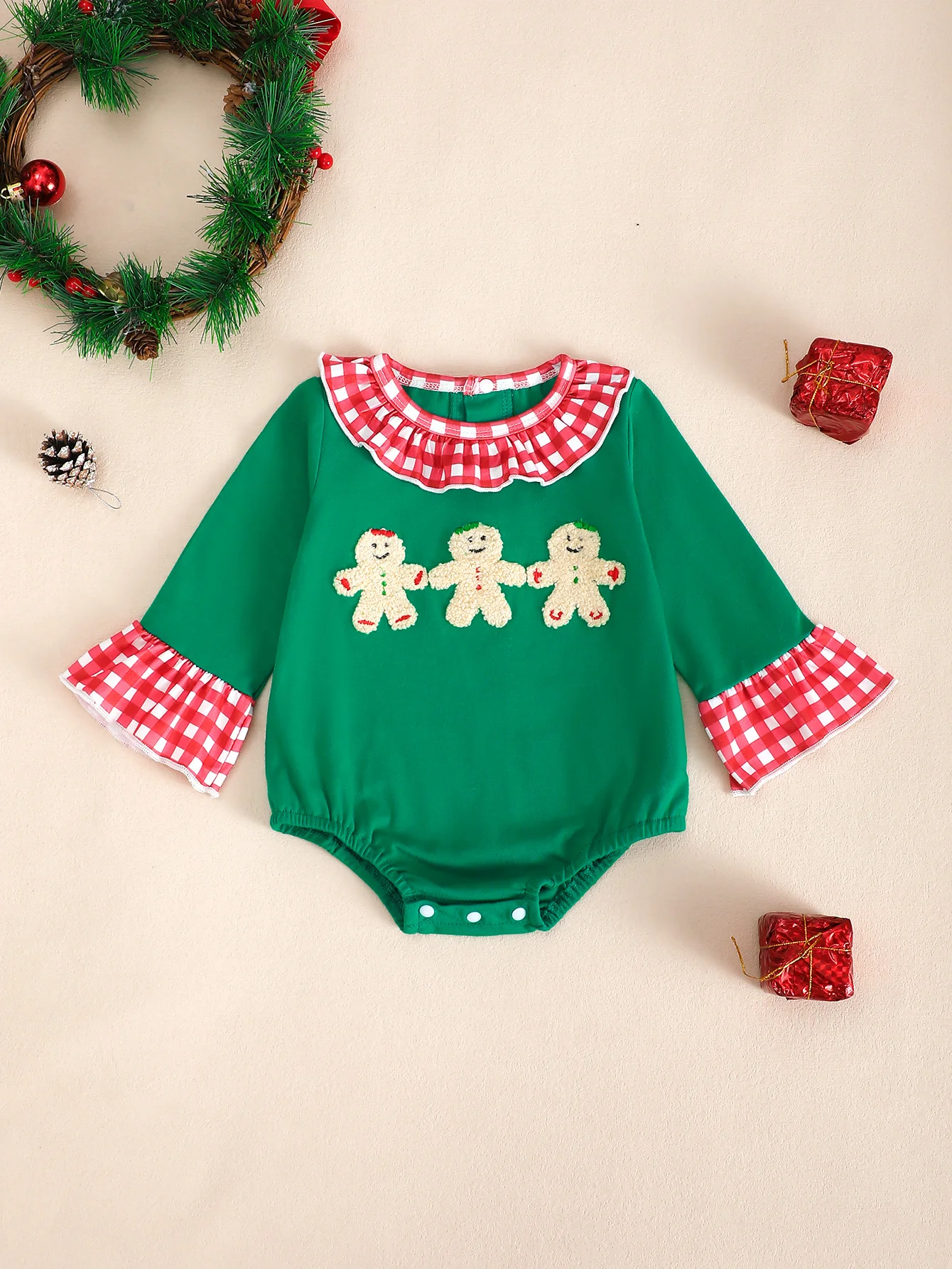 Christmas Gingerbread Girl Baby Romper Long Sleeve Embroidered Pattern Triangle Design Infant Clothing Baby Girl Outfit