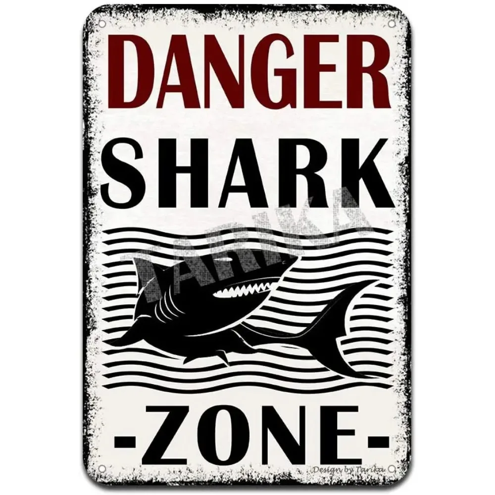 Danger Shark Zone Vintage Metal Tin Sign Man Cave for Men Women,Wall Decor 12 x 8 inches